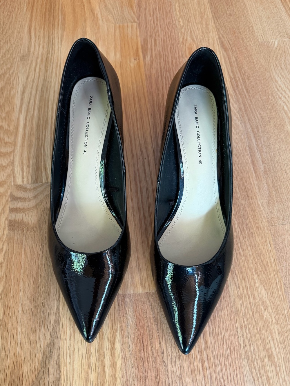 ZARA Glossy Black Patent Pointed Toe Mid Block Heel Pumps 40